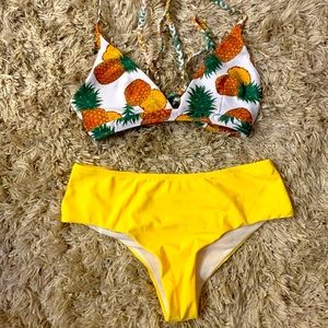 Pineapple Bikini with Yellow Highwaisted bottoms for Vintage look Festival Rave